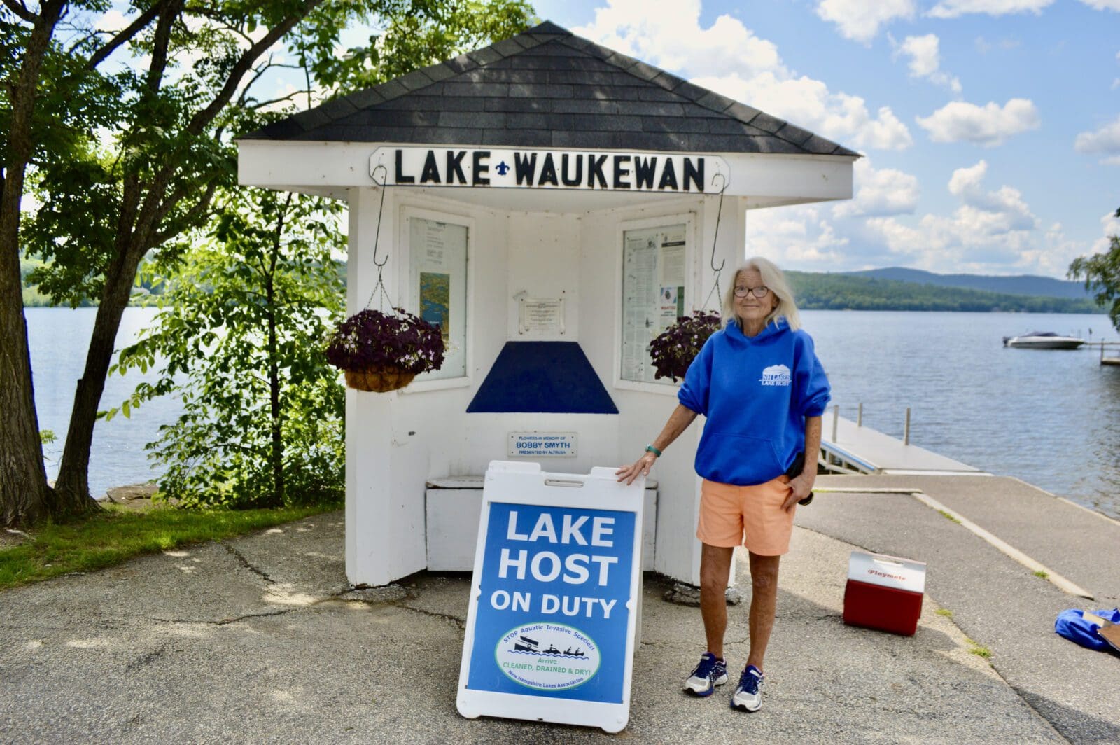 Lake Host Nancy Conlan on Duty at Lake Waukewan